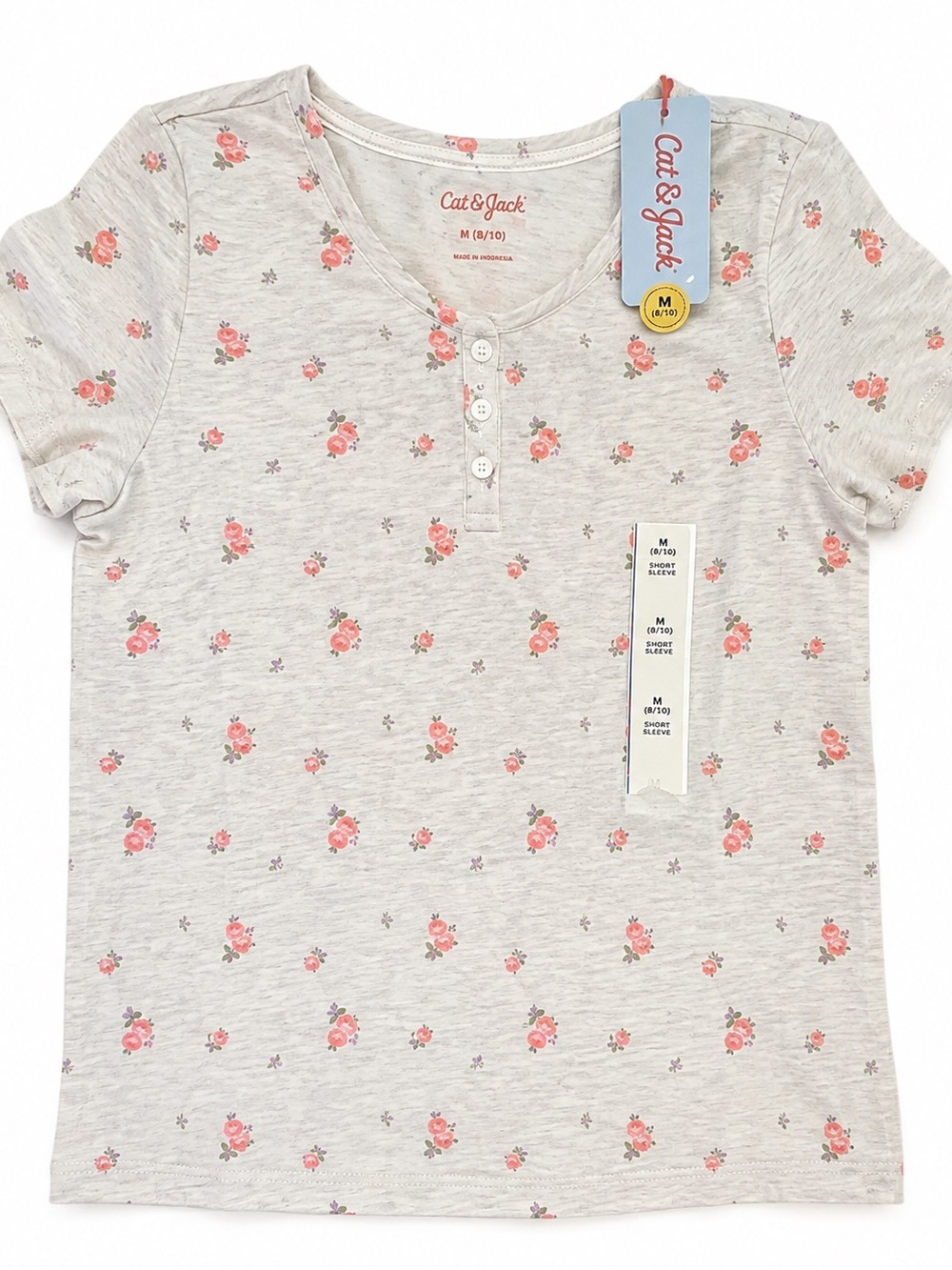 Cat & Jack Cream Short Sleeve Henley Tee with Pink Floral Print